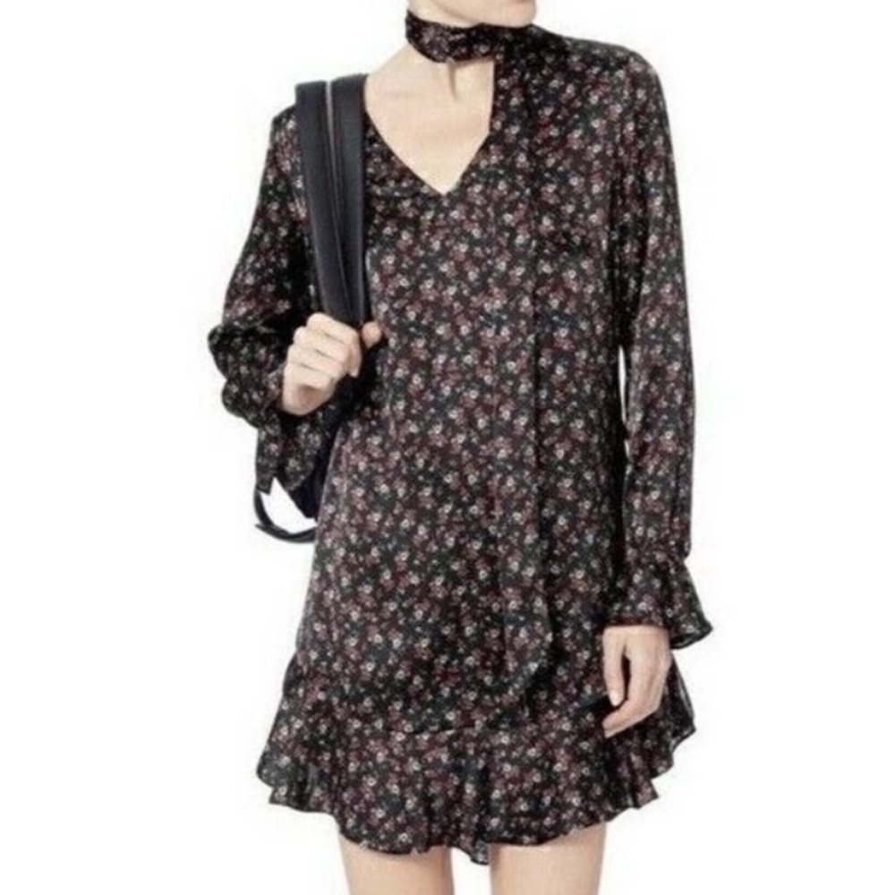 INTERMIX Black Floral Ruffle Tie-Neck Silk Shift Dress